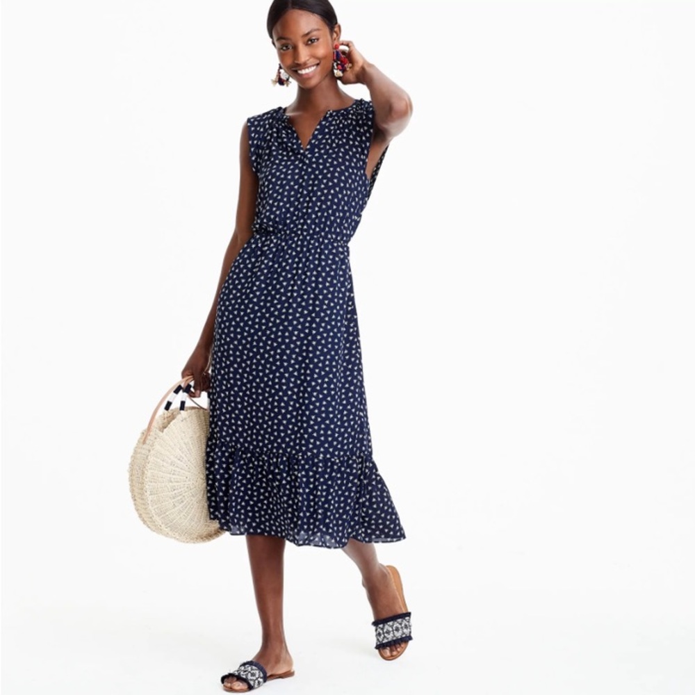 J. Crew Mercantile Blue Dragonfly Print Navy White Midi Dress J4449